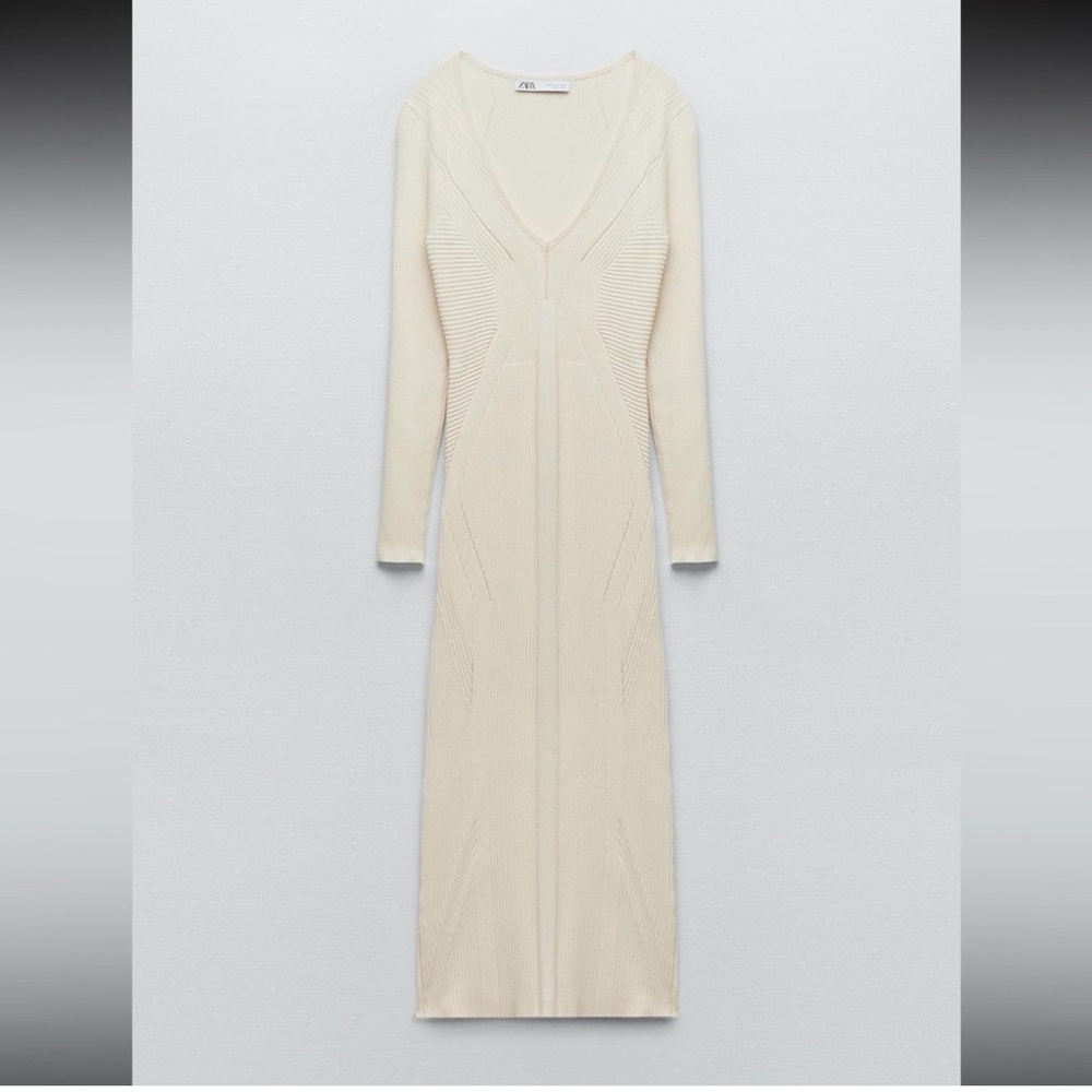 Rare Zara Ecru Ribbed Knit Midi Dress Sculpting Long Sleeve Bodycon Cream Beige - Picture 13 of 14